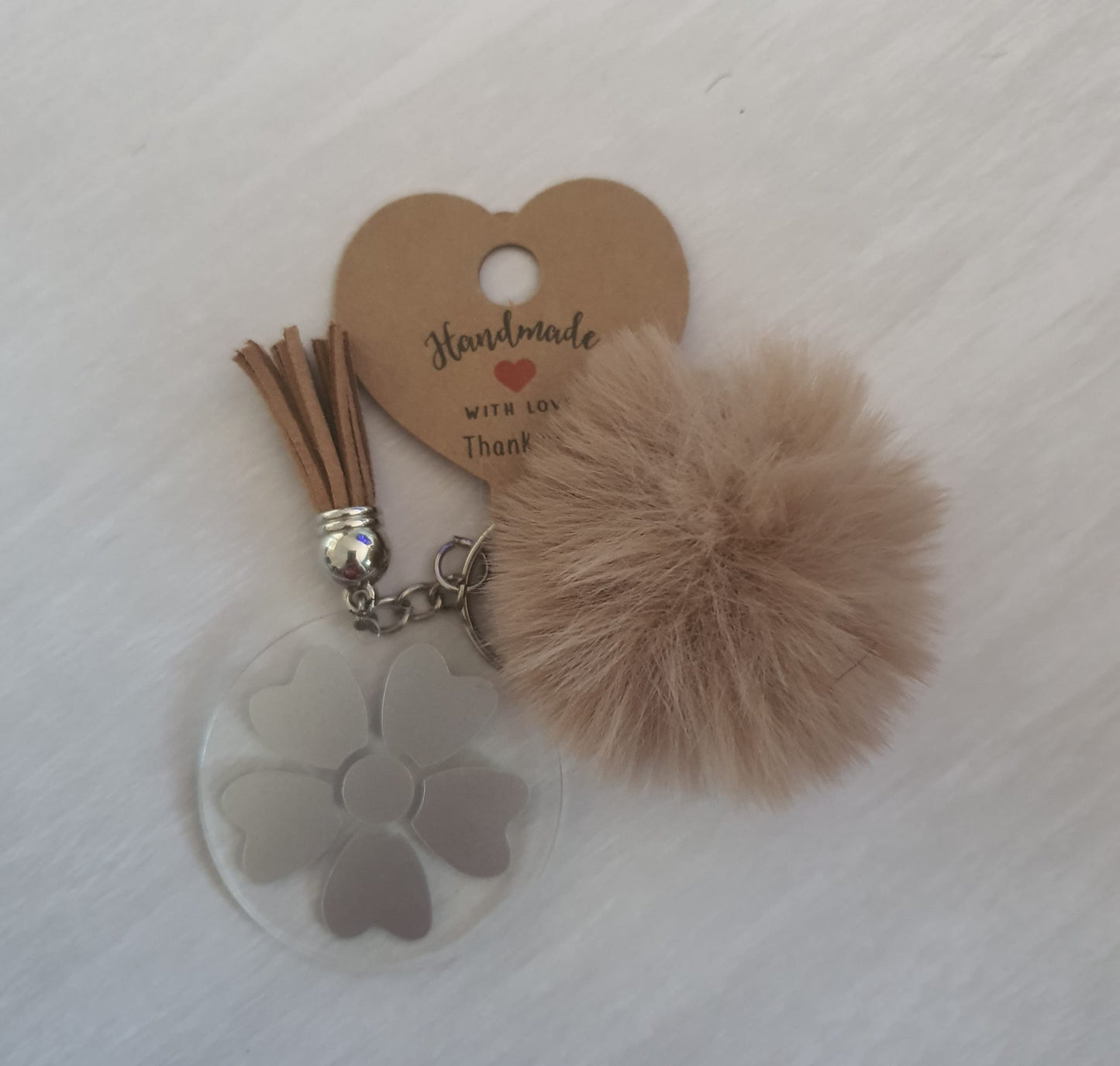 Beige floral pom pom acrylic keyring