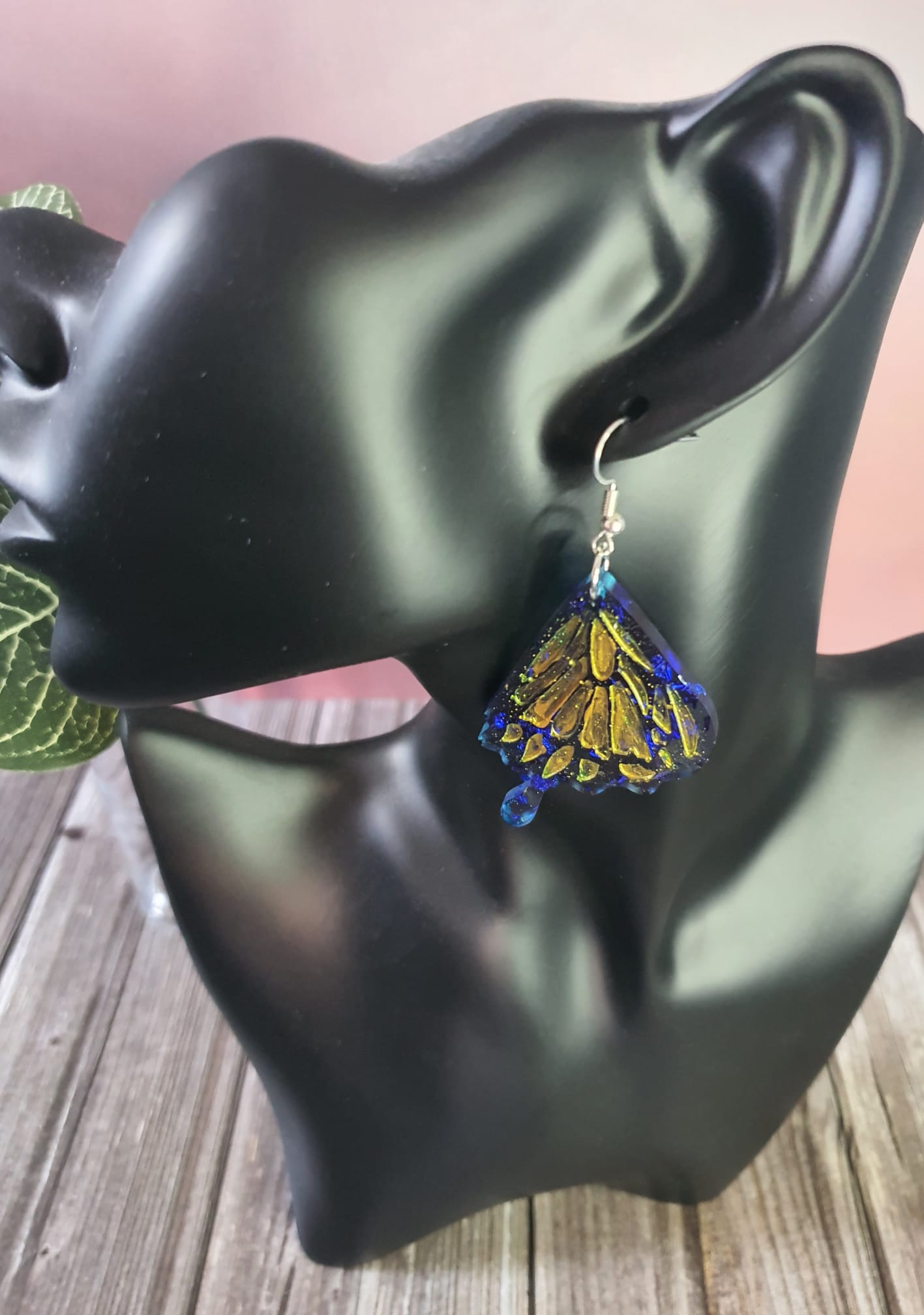 Blue and gold wide butterfly wing resin earrings