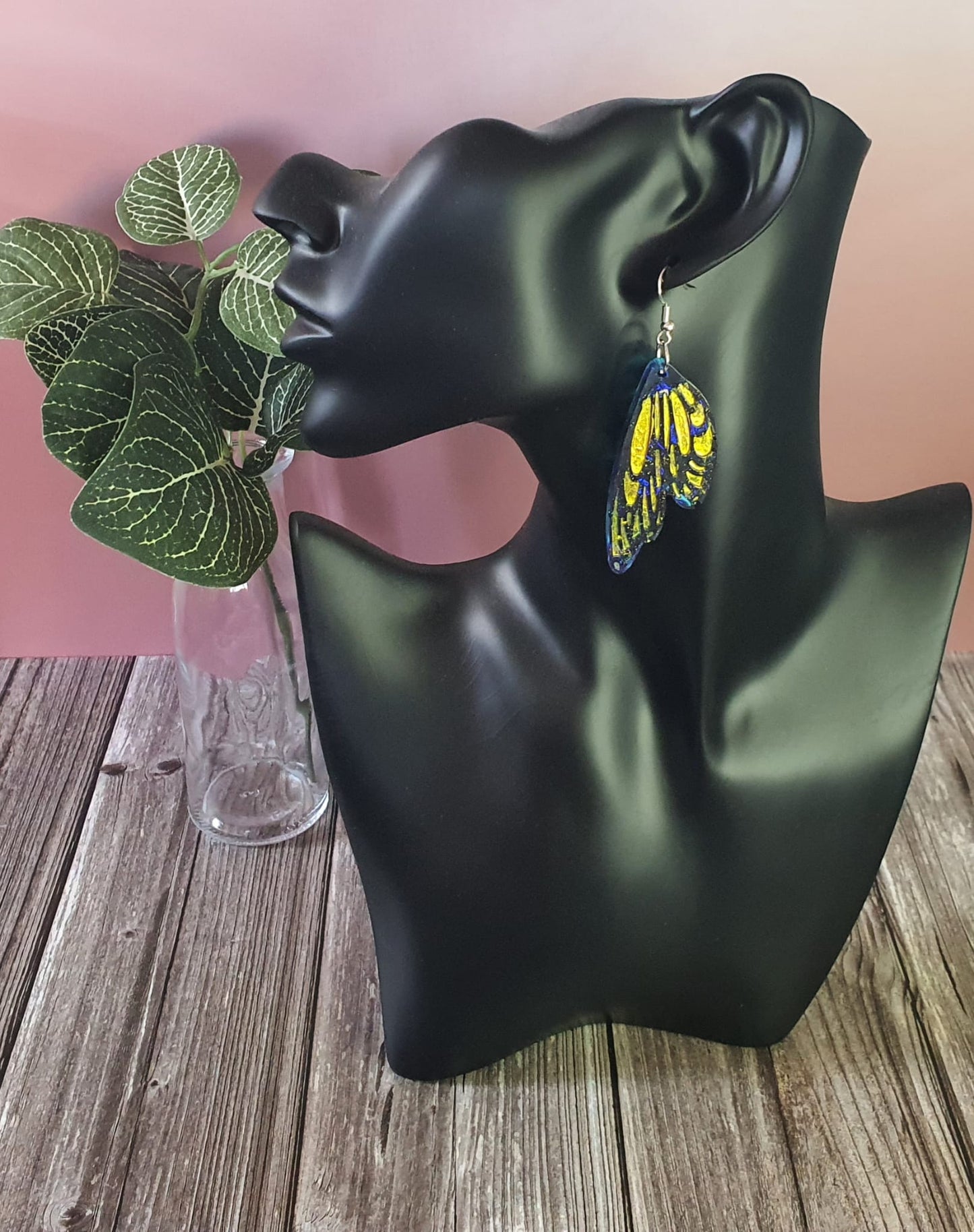 Blue and gold butterfly wing resin earrings