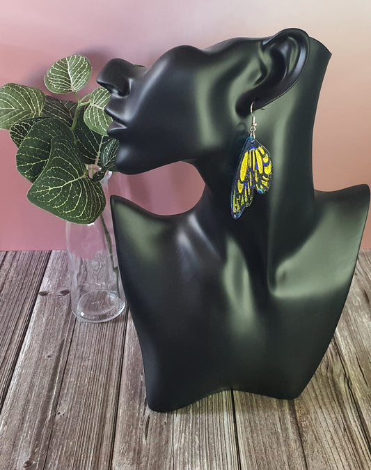 Blue and gold butterfly wing resin earrings
