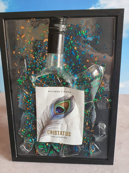 Peacock feather smashed bottle resin frame