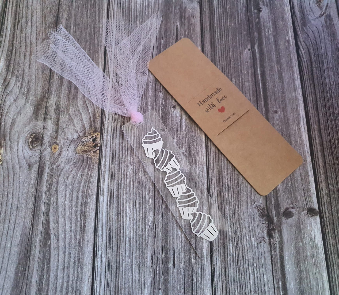Silver cupcake acrylic bookmark with baby pink tassel