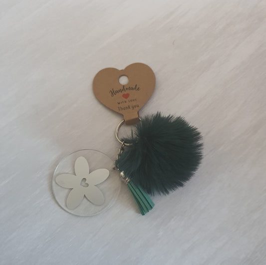 Dark green floral pom pom acrylic keyring