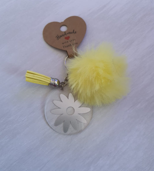 Yellow floral pom pom acrylic keyring