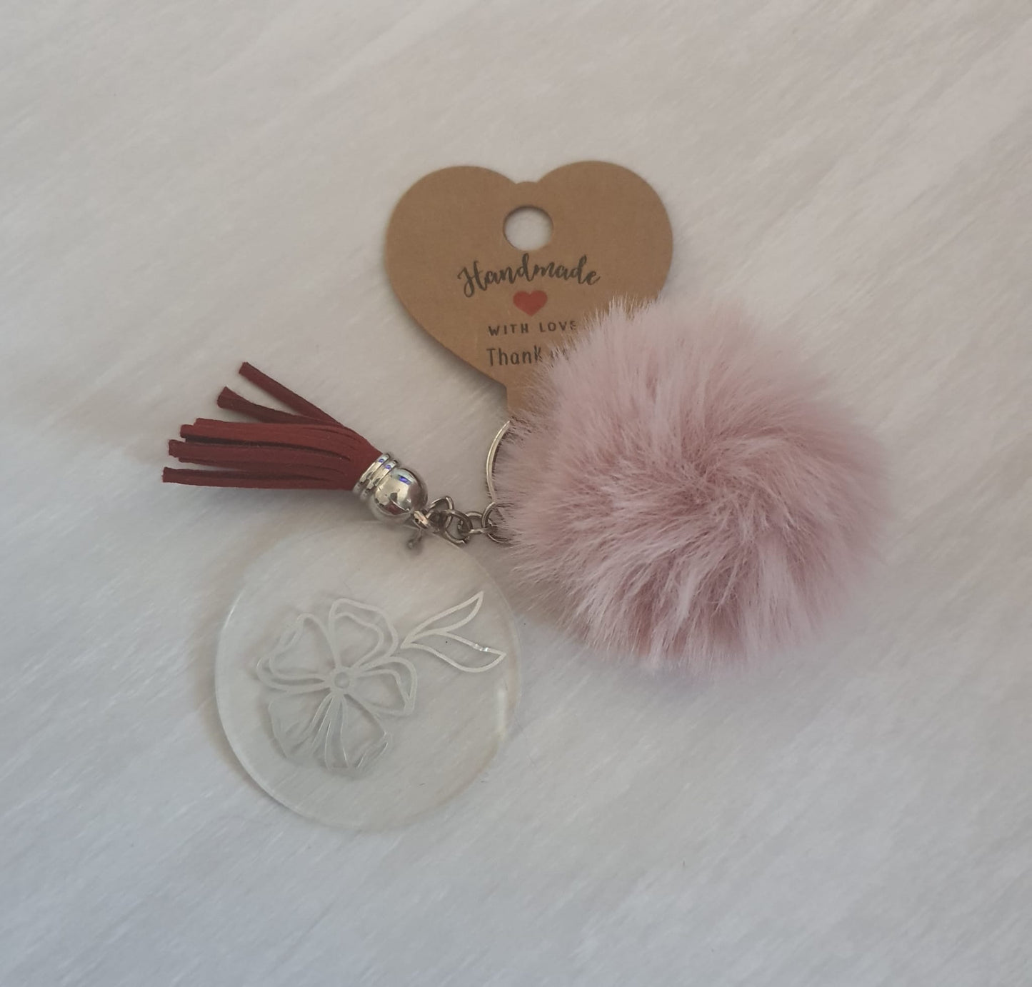 Dusky brown floral pom pom acrylic keyring