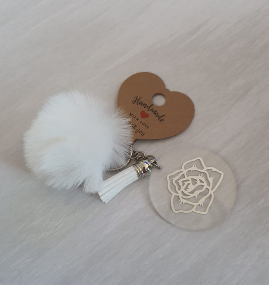 White floral pom pom acrylic keyring